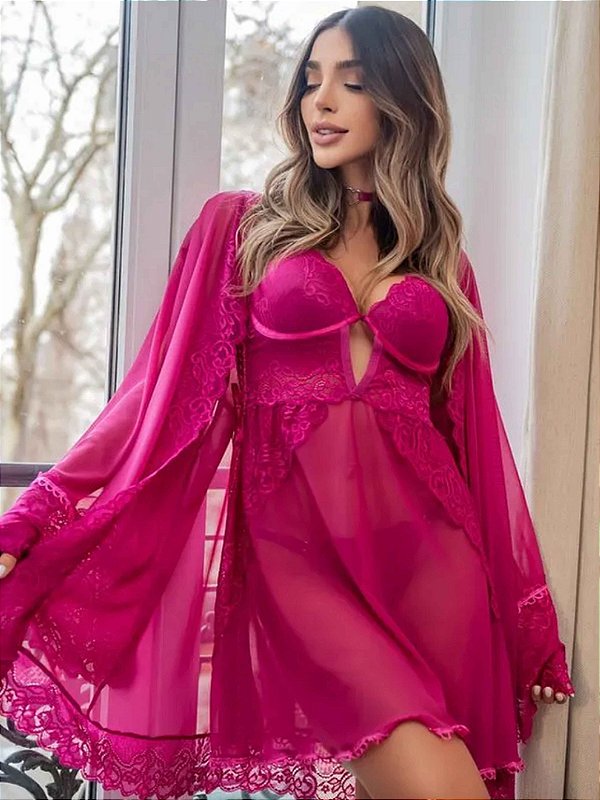 Robe Glamour Manga Longa de tule e Renda