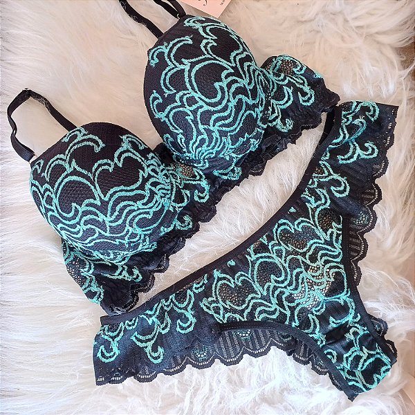 Conjunto Lingerie Tentadora Preto com Azul