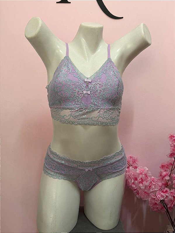 Conjunto Lingerie Beatrice em Renda e Calcinha Fio Duplo Bicolor Lílas
