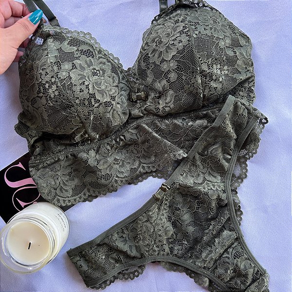 Conjunto Lingerie Divina verde militar