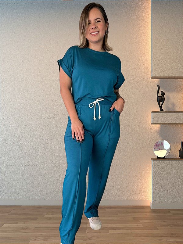 Pijama meia estação Kelly t-shirt e calça em viscolycra Azul