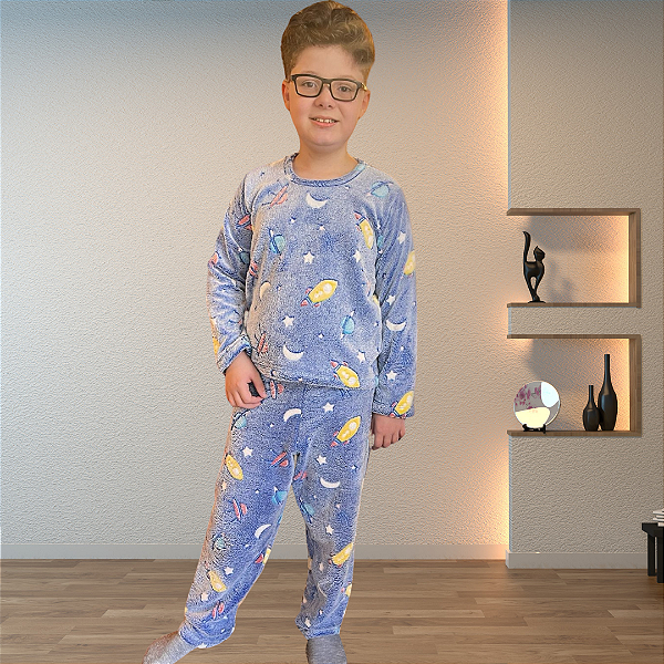 Pijama de inverno infantil em Soft Brilha no escuro Azul