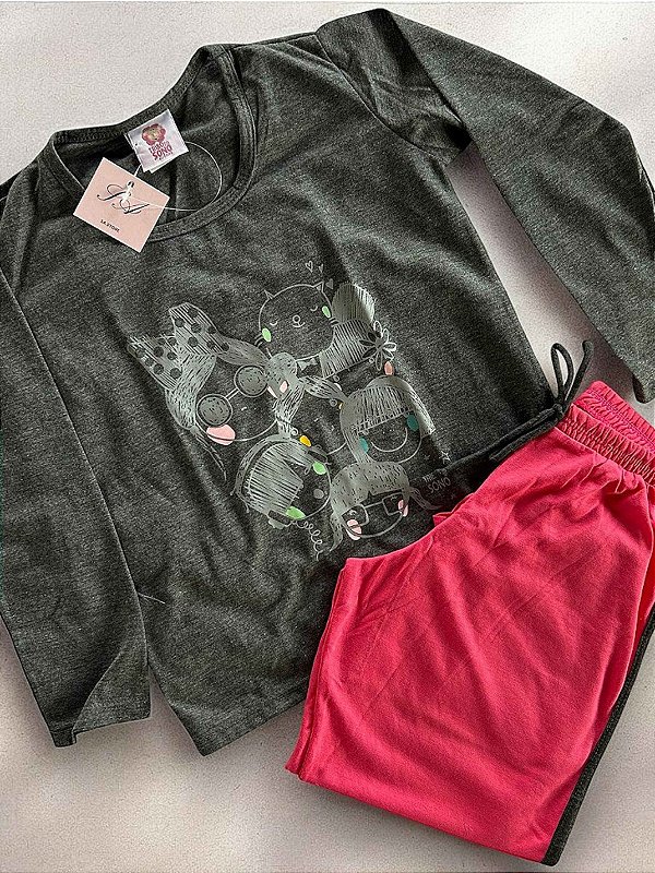Pijama de inverno infantil Estampado- Cinza e rosa