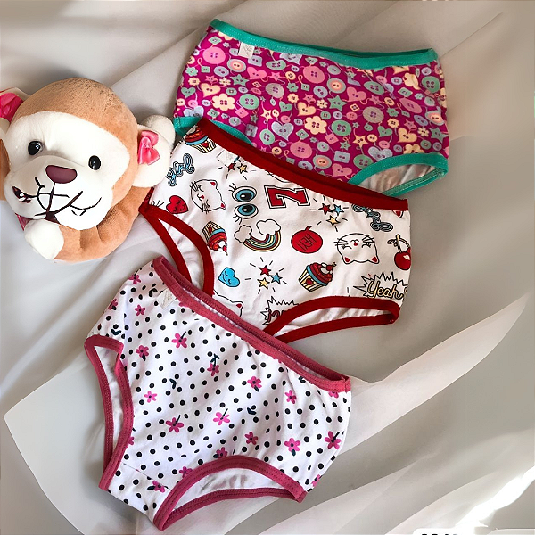 kit com 3 calcinhas infantis em cotton estampadas