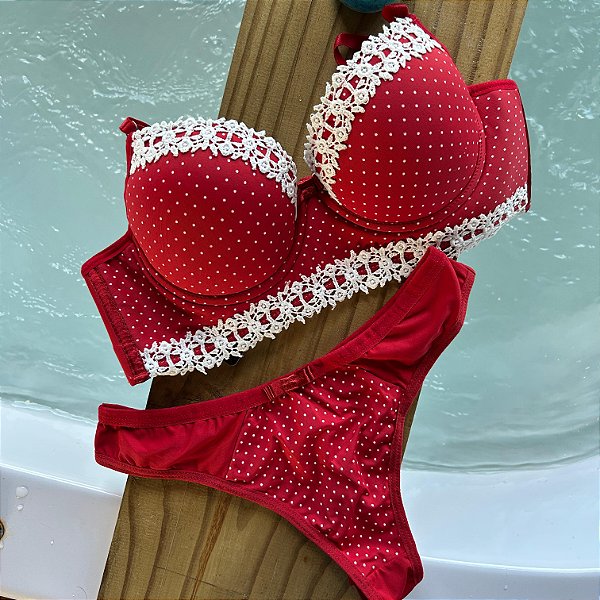 Conjunto Lingerie Vermelho com bolinhas brancas