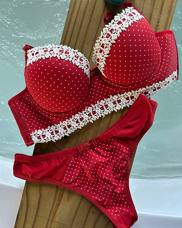Conjunto Lingerie Vermelho com bolinhas brancas