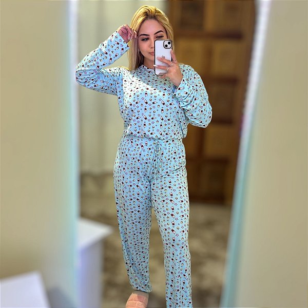 Pijama de inverno Feminino estampado em malha soft touch Azul