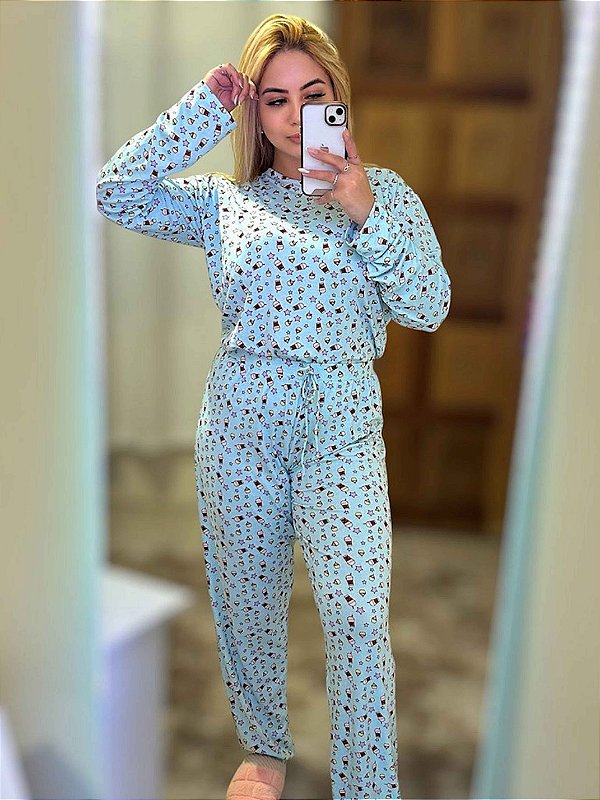 Pijama de inverno Feminino estampado em malha soft touch Azul