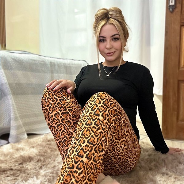 Pijama de inverno Feminino Calça estampada Onça
