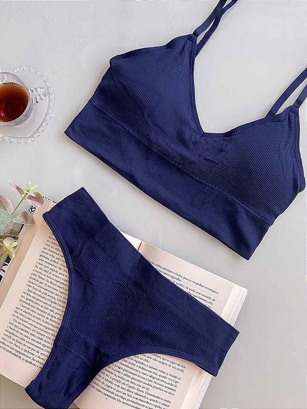 Conjunto Canelado Confort Top com bojo calcinha fio Azul