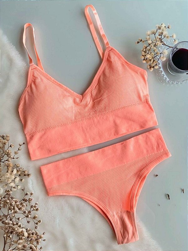 Conjunto Canelado Confort Top com bojo calcinha fio Laranja