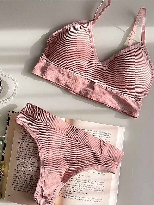 Conjunto Canelado Confort Top com bojo calcinha fio Rose