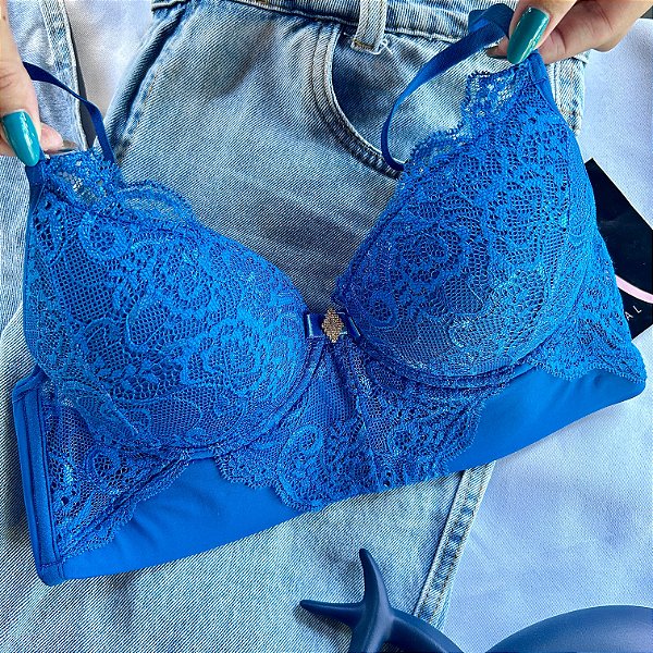 Sutiã com bojo cropped em renda Azul Luxo
