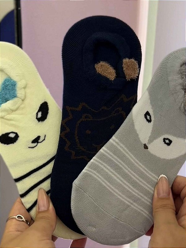 kit 3 Meia Sapatilha Feminina Fofas de bichinhos