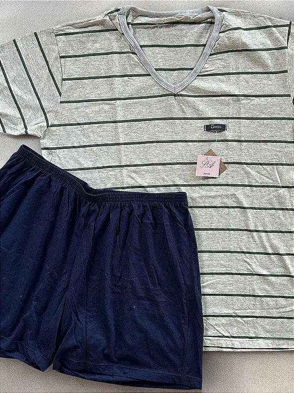 Pijama masculino verão gola V Listra verde em malha de algodão