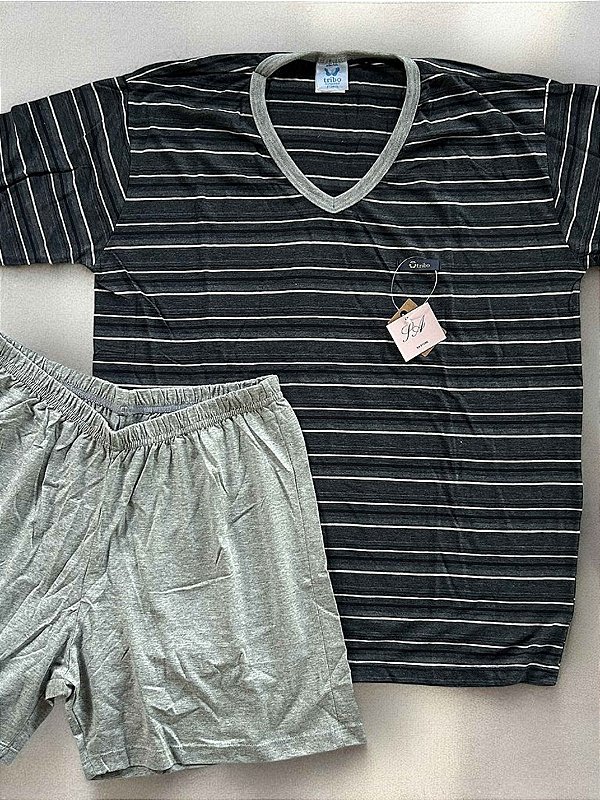 Pijama masculino verão gola V em malha de algodão- Grafite Listrado