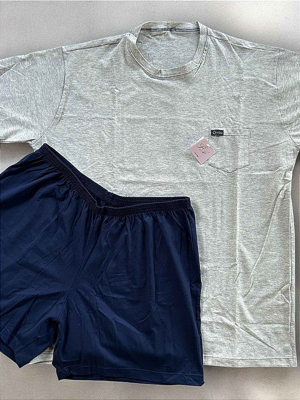 Pijama masculino verão com bolso em malha de algodão- Mescla e Marinho