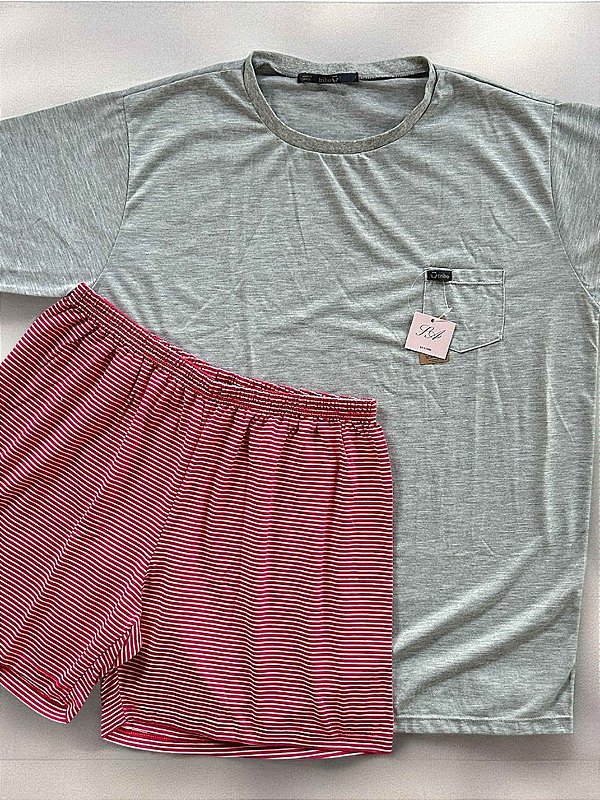 Pijama masculino verão com bolso bermuda vermelha listrada