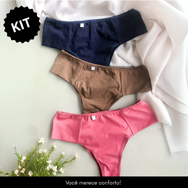 kit de 3 calcinhas em cotton de pala nas laterais (Marrom, Azul, Rosa)