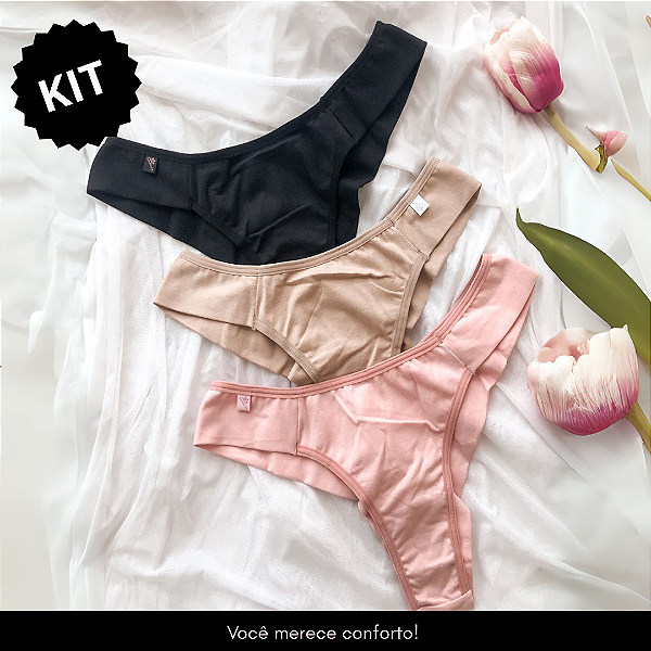 kit de 3 calcinhas fio duplo em cotton ( Preto, Bege, Rose)