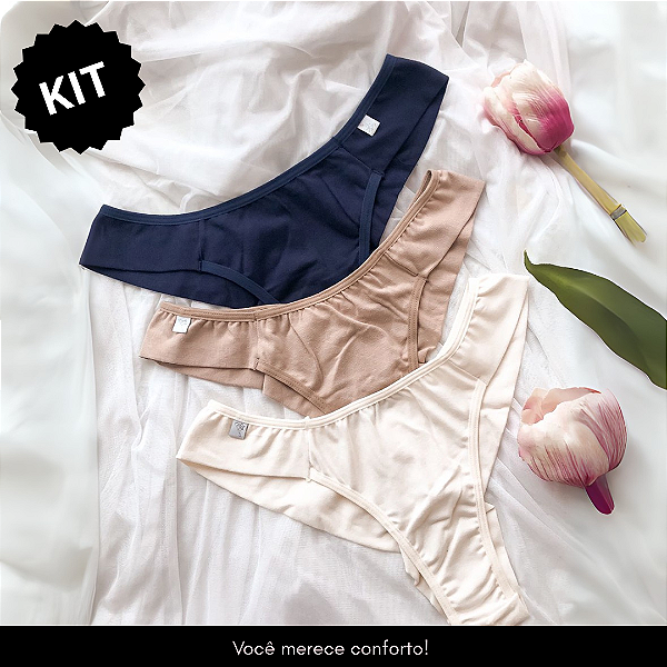 kit de 3 calcinhas fio duplo em cotton ( Azul, Bege, Marfim)- SITE