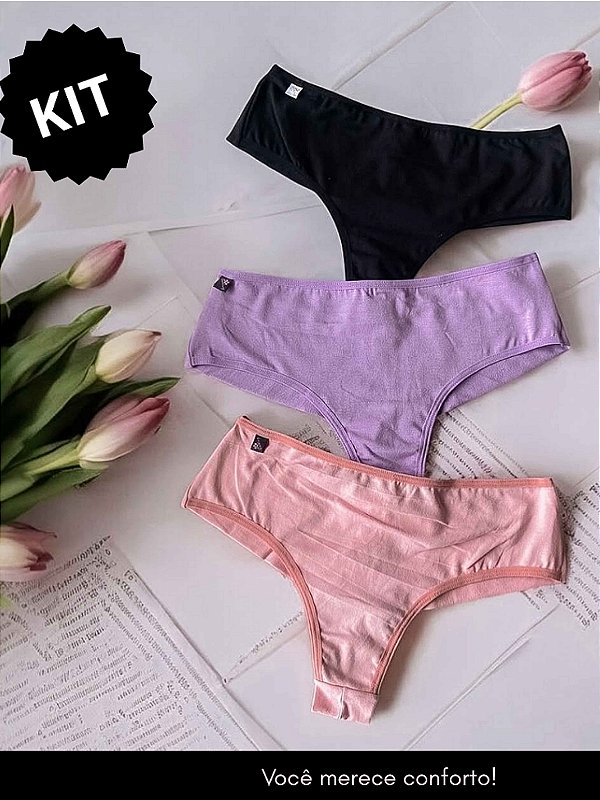 kit 3 calcinhas em cotton de pala nas laterais fio duplo (Preto, Lilás, Rose)
