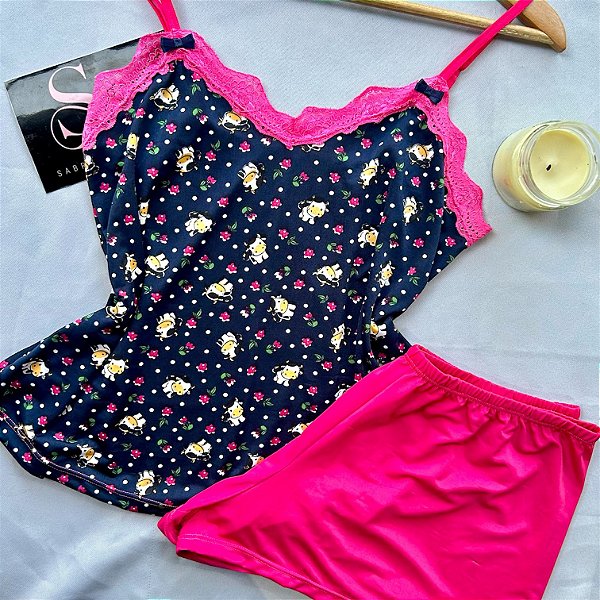 Pijama Baby Doll Vaquinha Azul e Pink