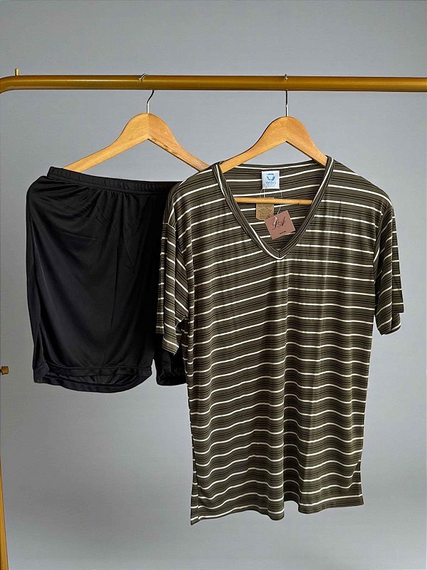 Pijama Harmonia Camiseta Listrada em Poliamida Verde c/ Preto