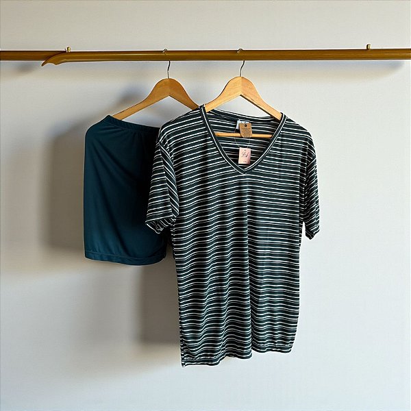 Pijama Harmonia Camiseta Listrada em Poliamida Azul c/ Preto