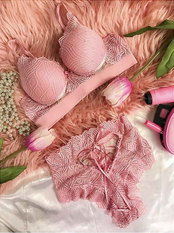 Conjunto Lingerie Diva Rosa com renda e tule