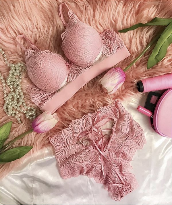 Conjunto Lingerie Diva Rosa com renda e tule