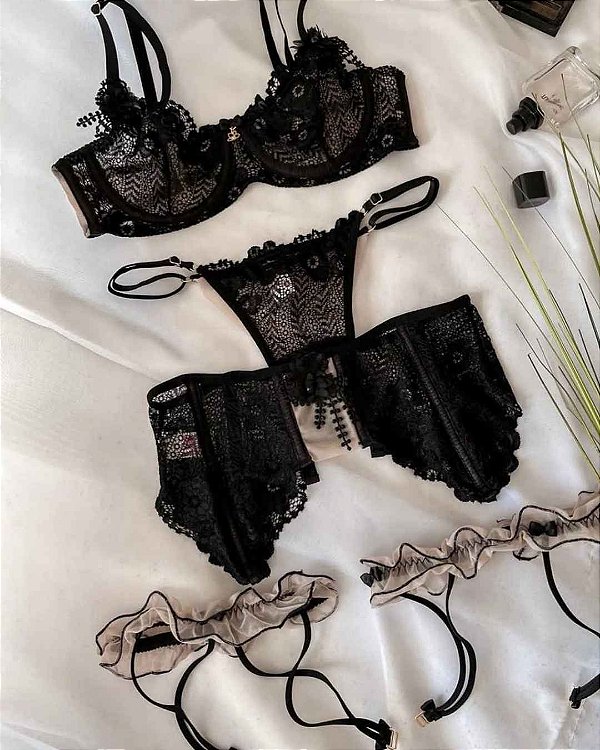 Conjunto Lingerie Suprema Completo Sensual Preto