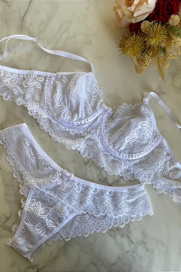 Conjunto lingerie Angel em renda Branco