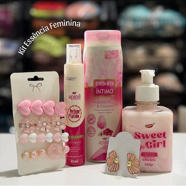 Kit Essência Feminina Sabonete íntimo+Gel para virilha+Perfume íntimo+Presilhas+Brinco