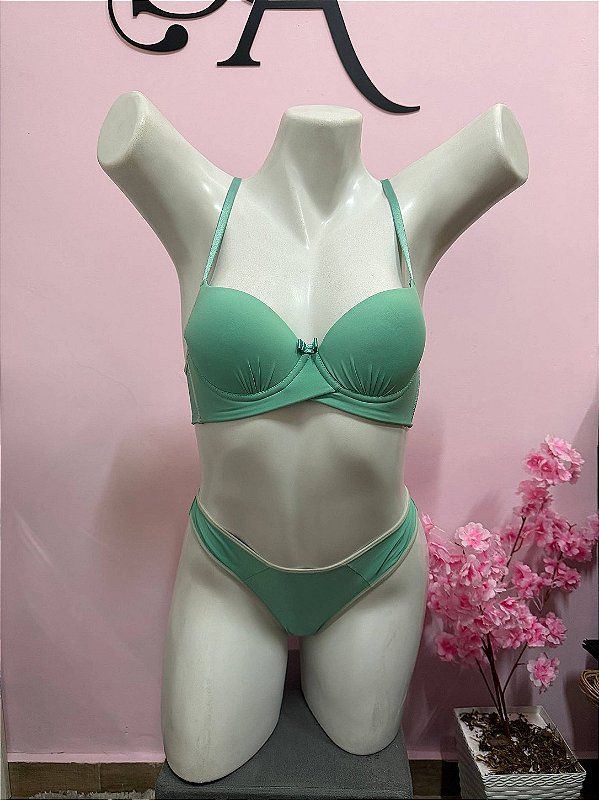 Conjunto Lingerie Elegance Comfry com Bojo e Calcinha Fio Duplo Verde Agua