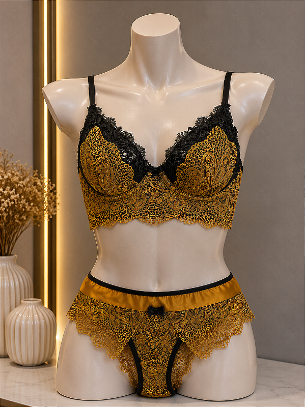 Conjunto Lingerie Sedutor Rendado Mostarda com preto