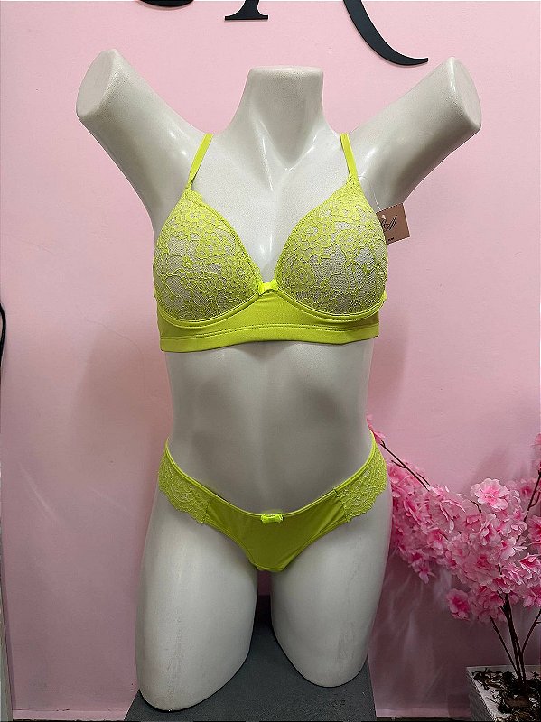 Conjunto Lingerie Rendada Verde Claro neon