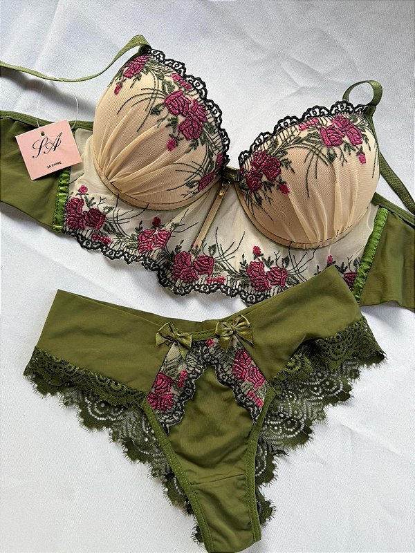 Conjunto Lingerie Fada em bordado e tule verde floral