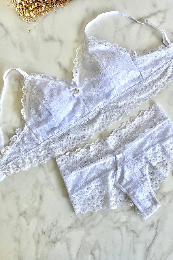 Conjunto Lingerie Beatrice Comfry em renda Branco