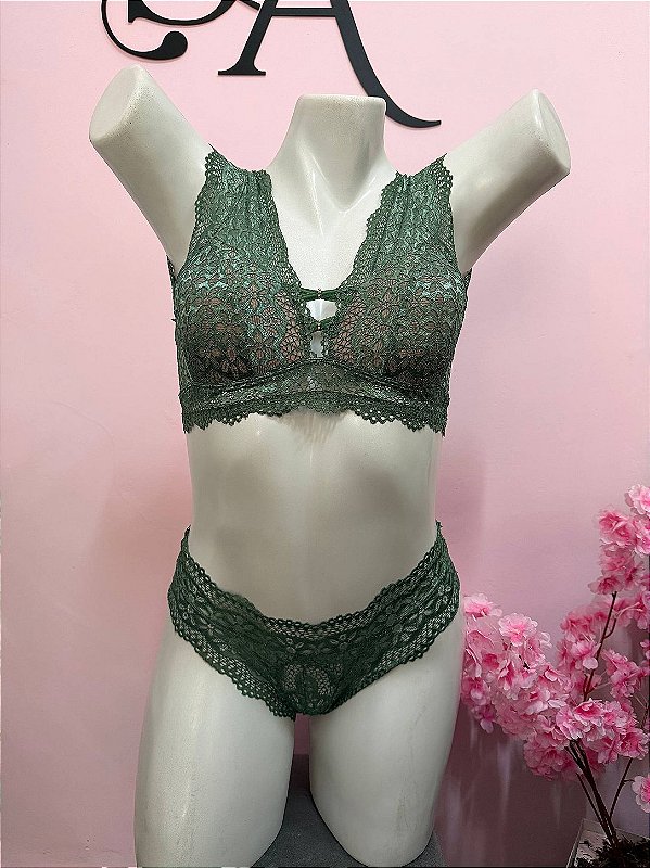 Conjunto Lingerie Rosemary com Bojo e Calcinha Verde Rendado