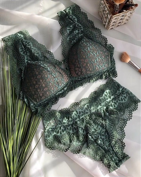 Conjunto Lingerie Rosemary Verde Rendado