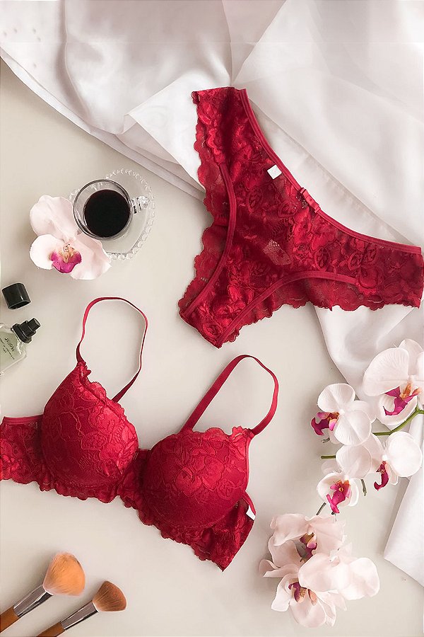 Conjunto Lingerie luxe em renda Vermelho