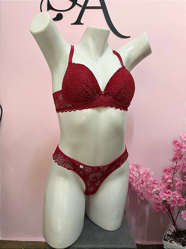 Conjunto Lingerie luxe com Bojo e Calcinha Fio Duplo em renda Vermelho