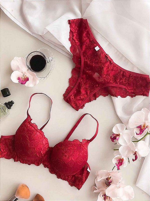 Conjunto Lingerie luxe em renda Vermelho