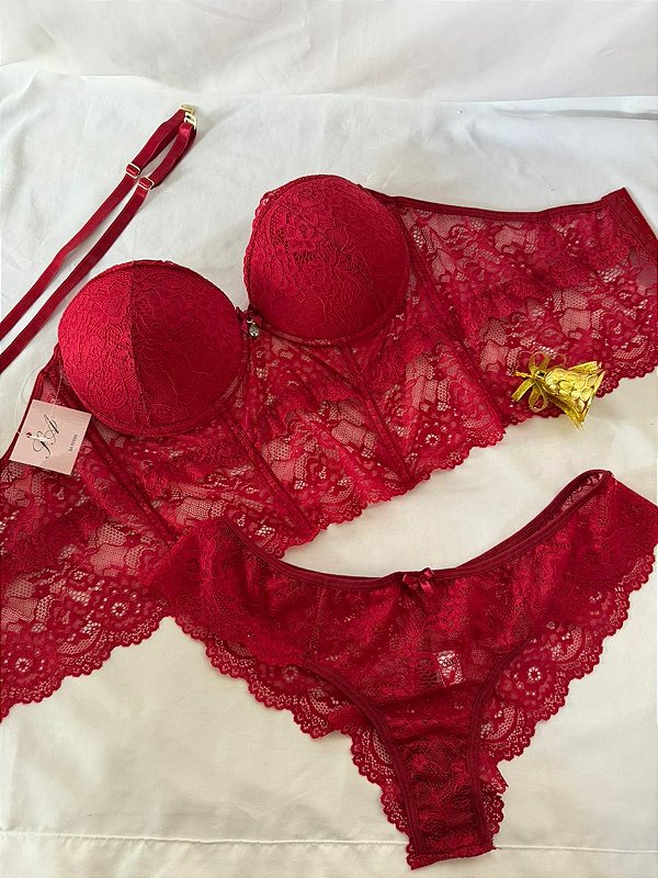 Conjunto Lingerie Cropped em renda com bojo Vermelho