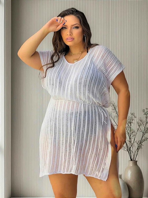 Saída de Praia Maré Tricot Branca Plus Size
