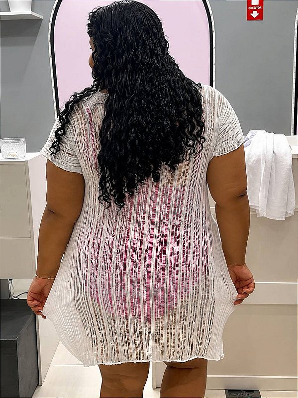 Saída de Praia Maré Tricot Fenda Letral Branca Plus Size