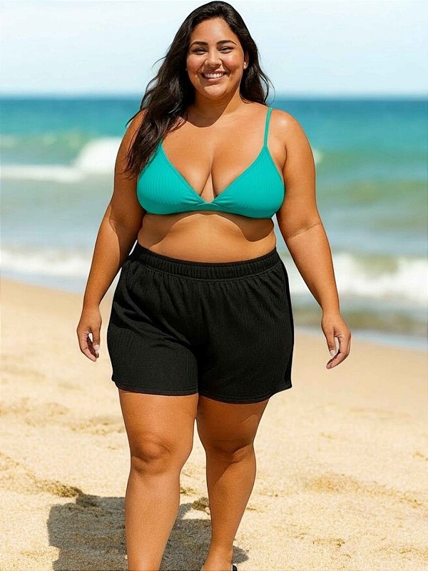 Shortinho Canelado de Praia Preto Plus Size