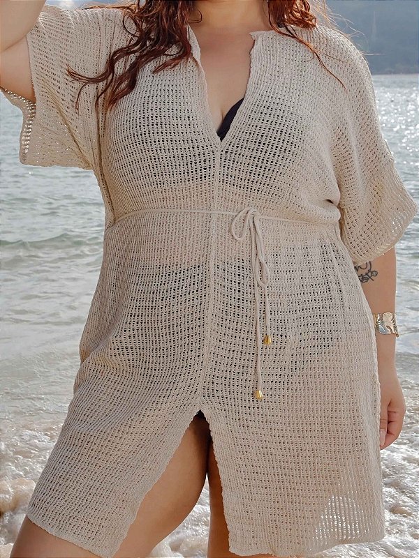 Saída de Praia Infinity Tricot Bege Plus Size