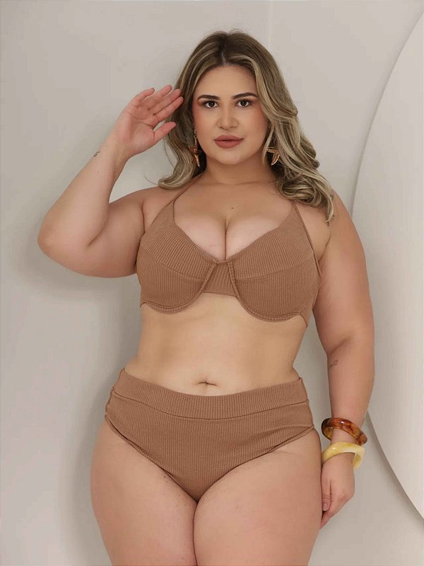 Conjunto Biquini Tifany Hot Pants Plus Size Canelado Marrom